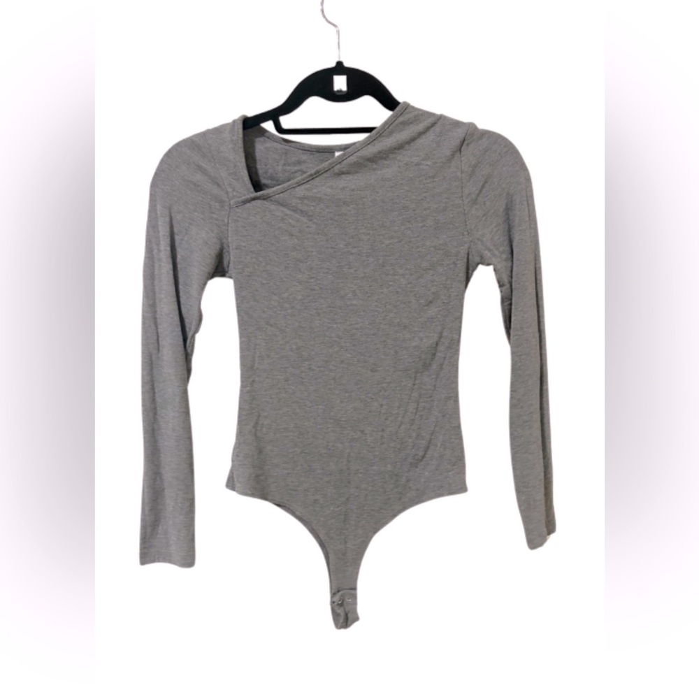 Grey Asymmetrical Neckline Long Sleeve Bodysuit | Size S | NWOT